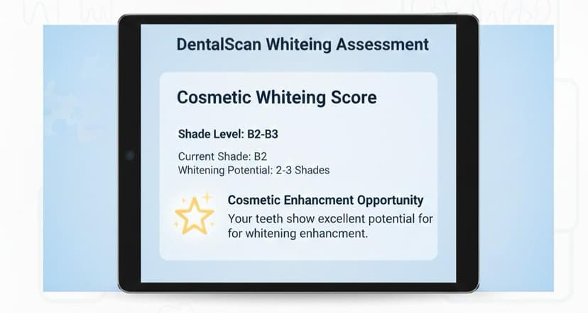 Sample DentalScan Whitening Assessment Report showing Current Shade B2, Whitening Potential 2-3 Shades, and Excellent Confidence Score